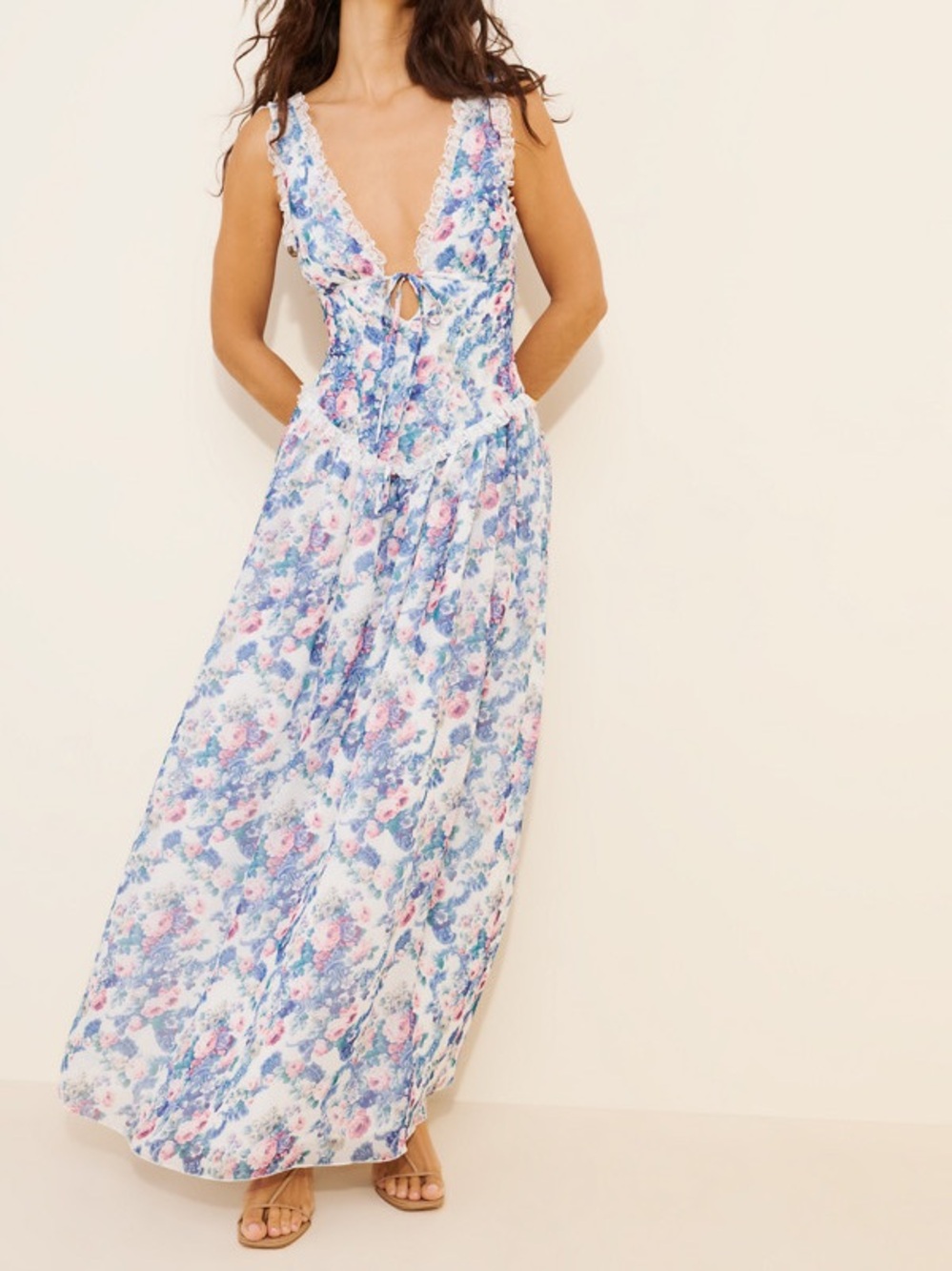 For Love & Lemons Audrey Floral Maxi Dress Tie-Front Blue & Pink Size M